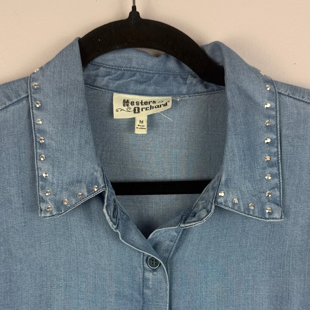 Hester & Orchard 100% Tencel Casual Blue Denim Studded Long Sleeve Medium Blouse - Picture 7 of 11